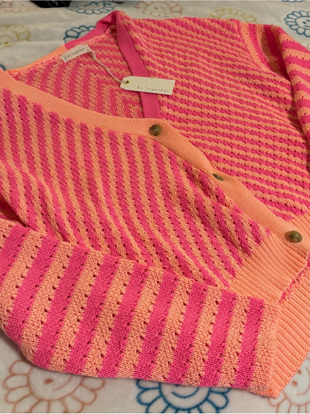 By Together Hot Pink & Peach Striped V-Neck Cardigan
